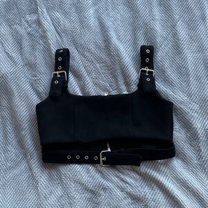 Maniere De Voir Black Crop Top with Belted Straps